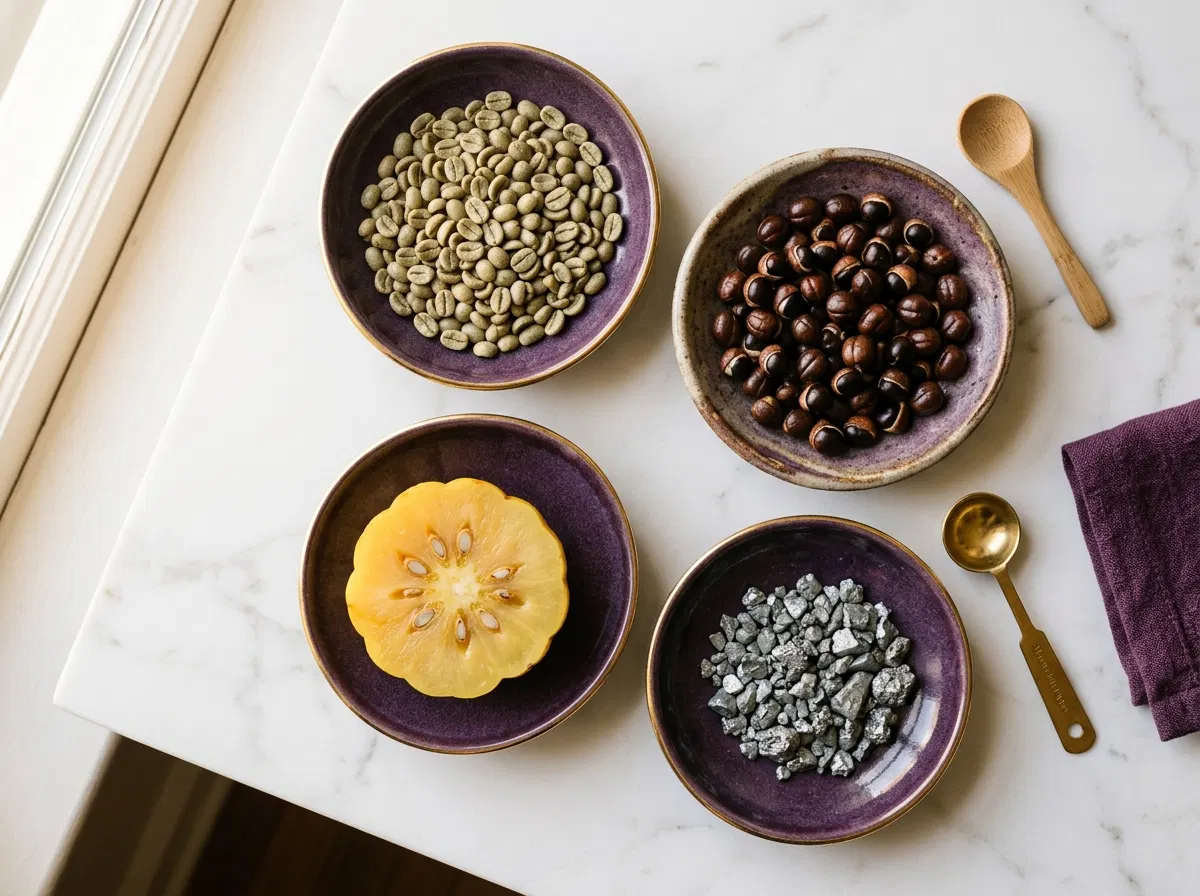 Natural plant-based supplement ingredients on marble: green coffee beans, garcinia cambogia, guarana seeds and zinc mineral pieces