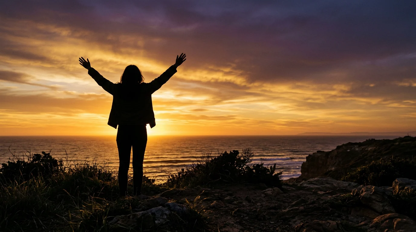 Silhouette of a person against a golden sunset sky, viewed from behind - active lifestyle mood